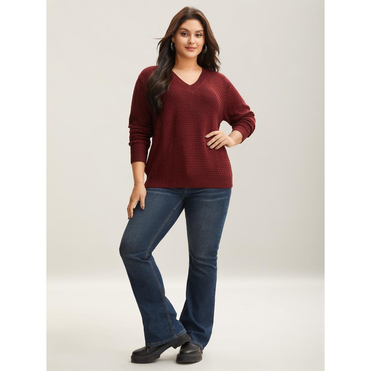 Plus Size Solid Pointelle Knit V Neck Loose Knit Top Chocolate Women Leisure Loose Long Sleeve V-neck Casual Pullovers BloomChic 18-20/2X Product Image