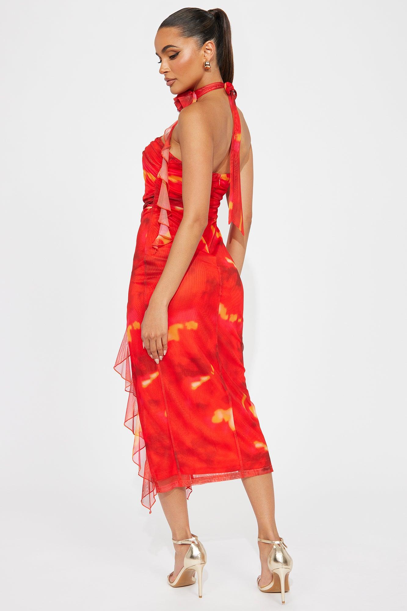 Scarlet Blaze Mesh Midi Dress - Red/combo Product Image