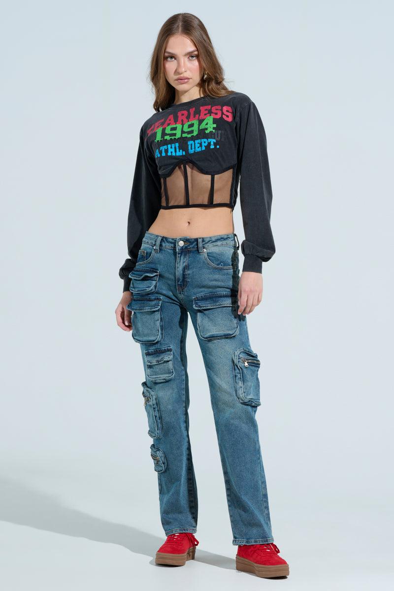 ALL OVER POCKET DETAIL RELAXED FIT JEANS IN MEDIUM BLUE DENIM Product Image