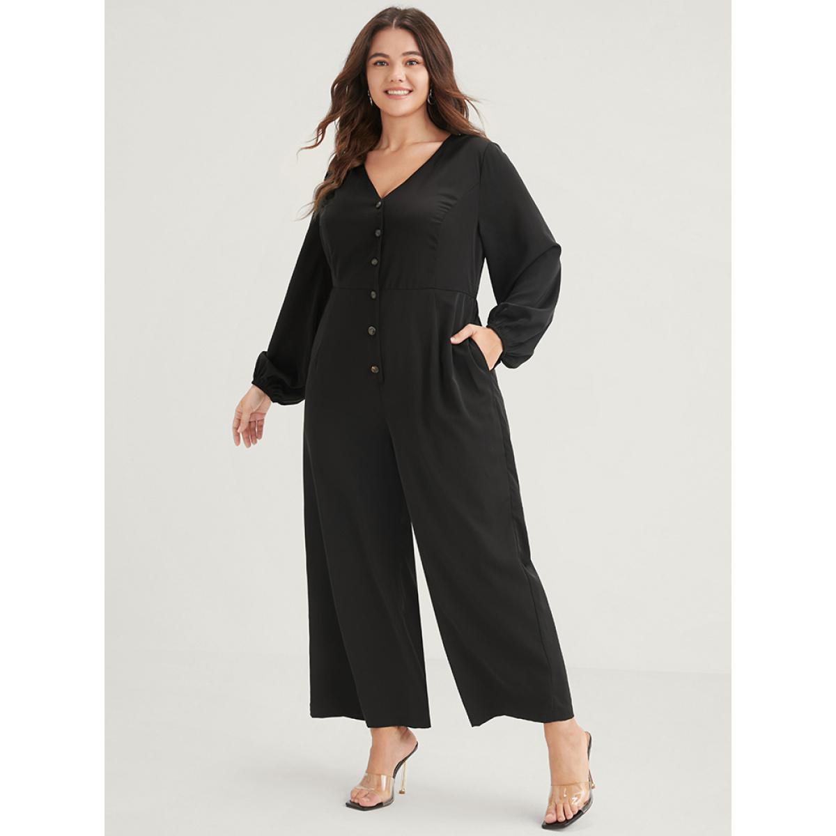 Plus Size Black Solid Button Front Lantern Sleeve Pocket Wide Leg Jumpsuit Women Office Long Sleeve V-neck Office Loose Jumpsuits BloomChic 18-20/2X Product Image