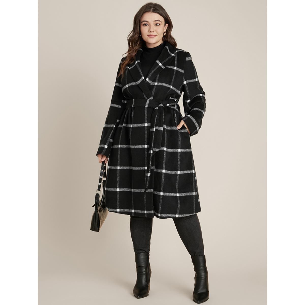 Plus Size Plaid Lapel Collar Belted Pocket Coat Women Black Elegant Belted Ladies Dailywear Winter Coats BloomChic 10/M Product Image