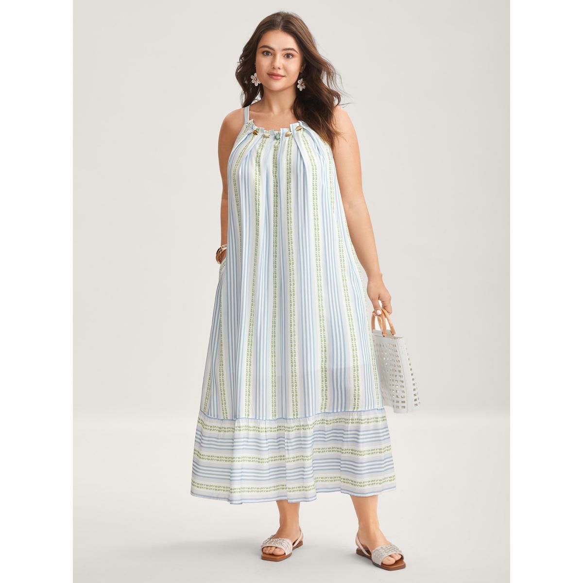 Plus Size Nautical Stripes Flared Midi Dress LightBlue Women Round Neck Sleeveless Curvy BloomChic 22-24/3X Product Image