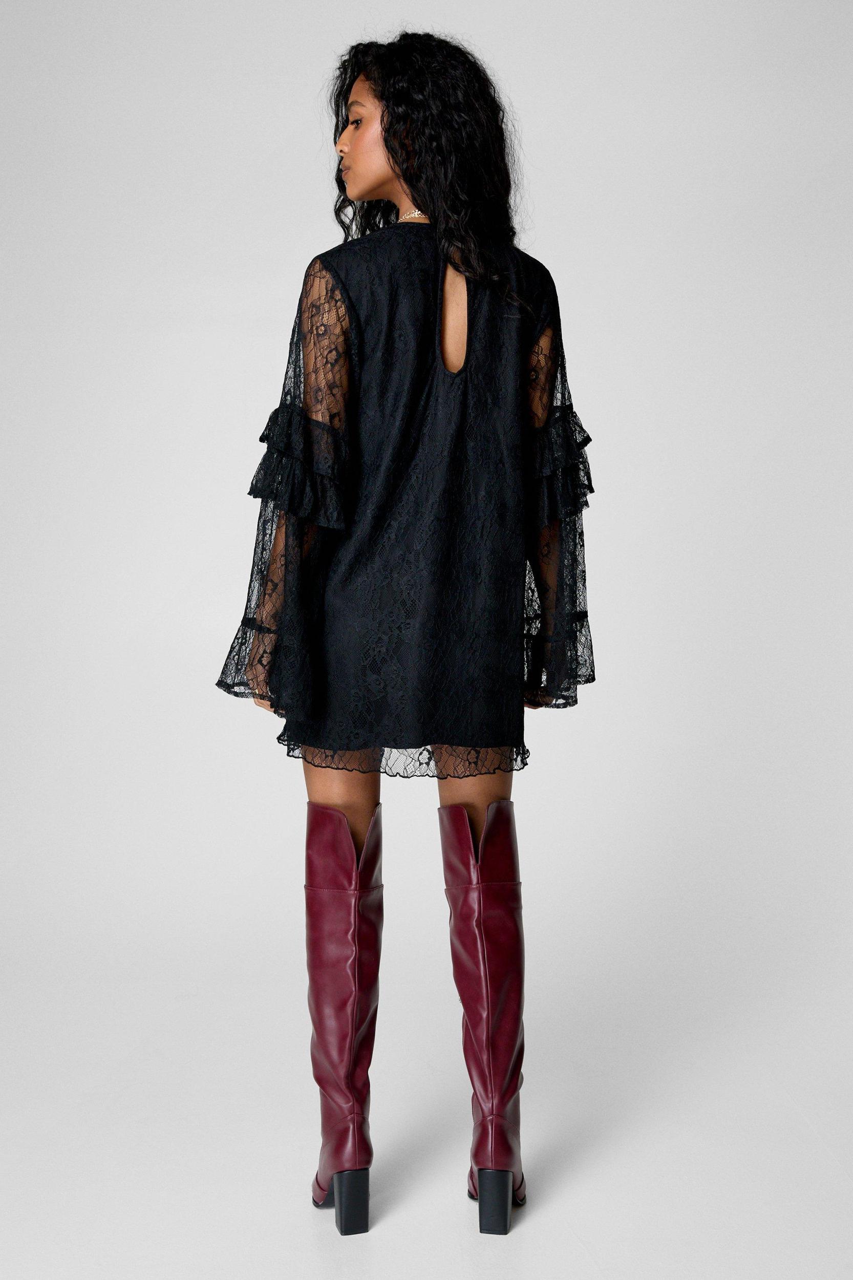 Lace Ruffle Fluted Sleeve Tunic Mini Dress Product Image