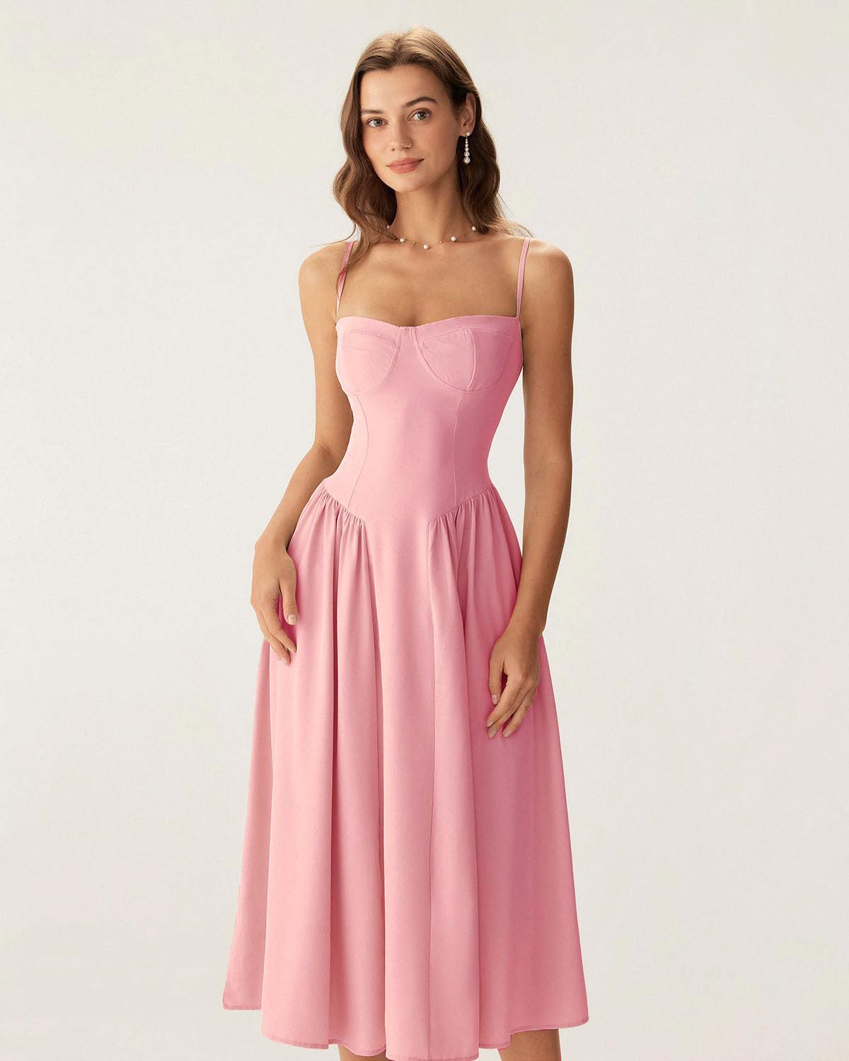 Pink Square Neck Pocket Slip Midi Dress Product Image