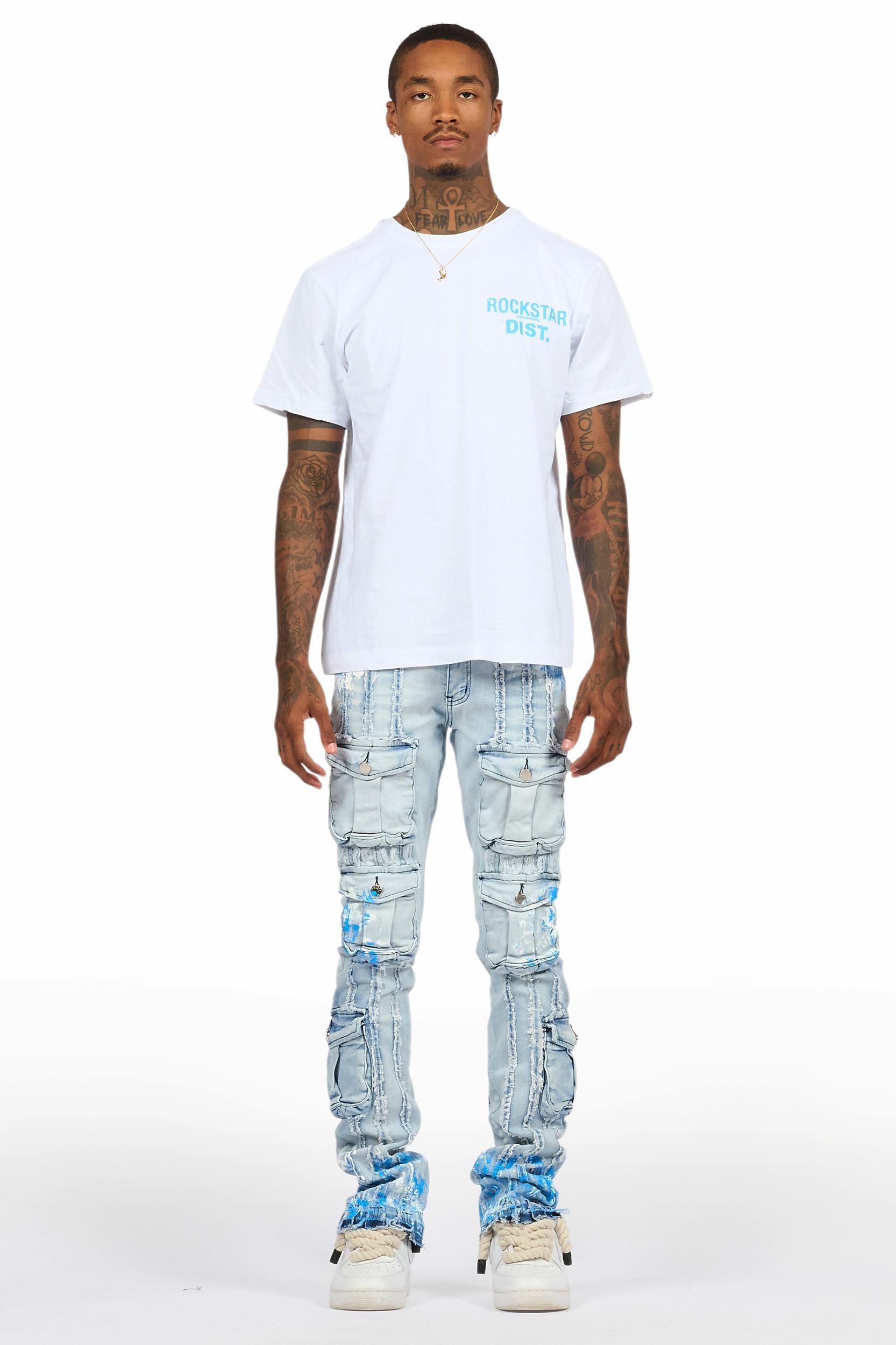 Quentin White/Blue T-Shirt/Stacked Flare Jean Set Male Product Image