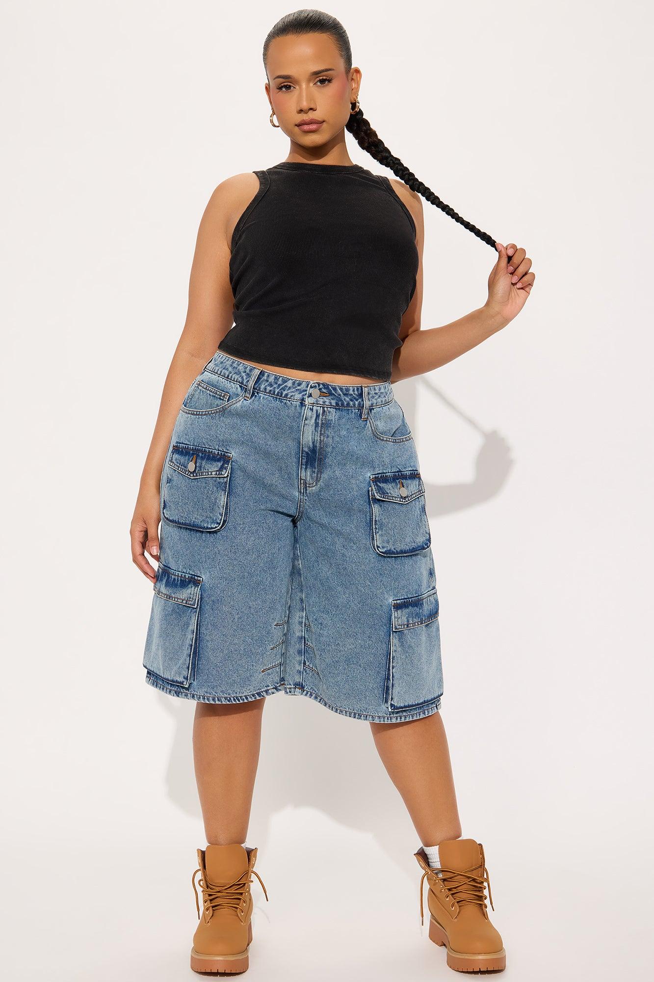 Frankie Acid Wash Cargo Denim Jorts - Medium Wash Product Image