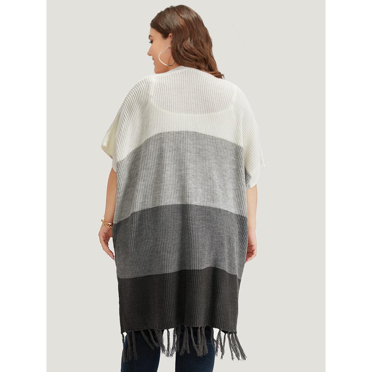 Plus Size Colorblock Fringe Trim Batwing Sleeve Split Side Cardigan Multicolor Women Casual Loose Short sleeve Dailywear Cardigans BloomChic 14-16/1X Product Image