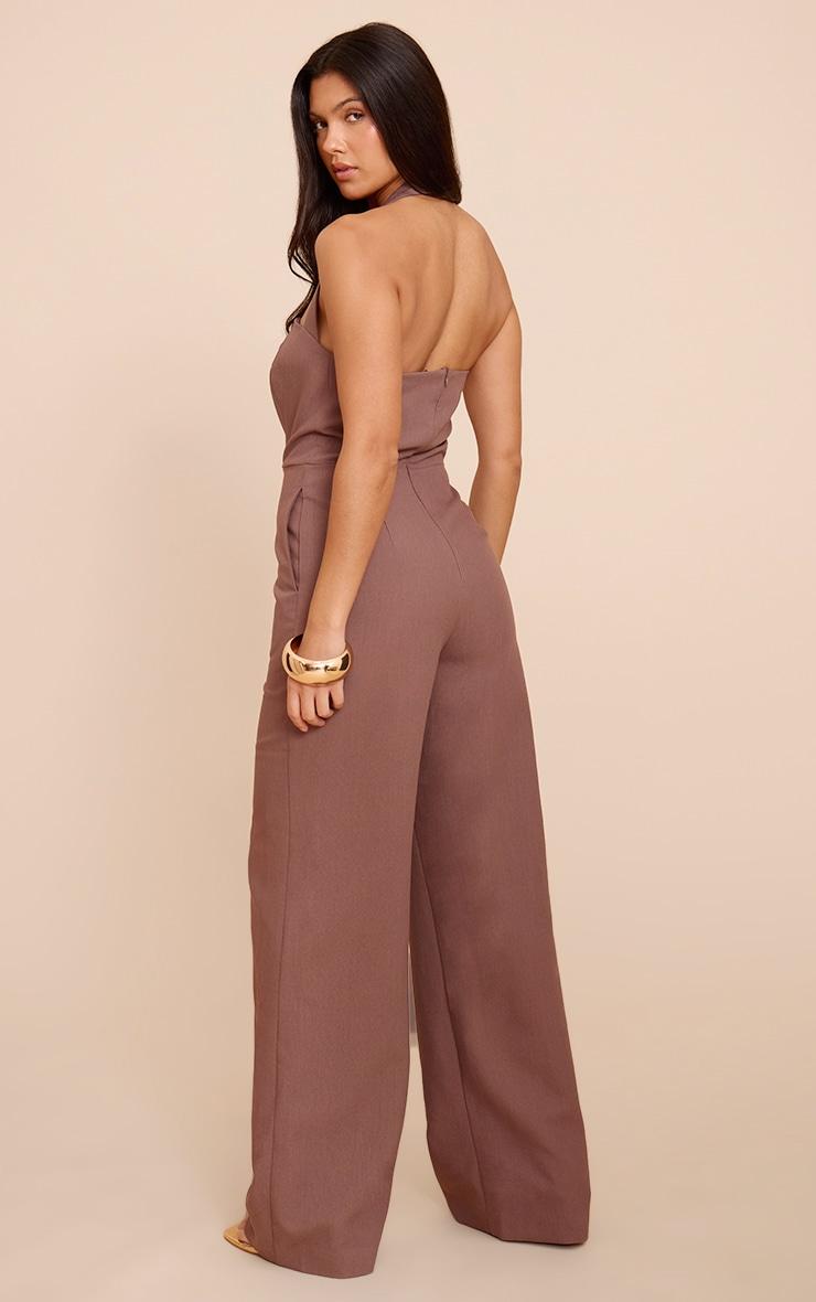 Chocolate Premium Woven Halter Neck Wide Leg Jumpsuit Product Image
