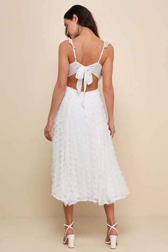 Darling Flirtation White 3D Floral Applique Tie-Back Midi Dress Product Image