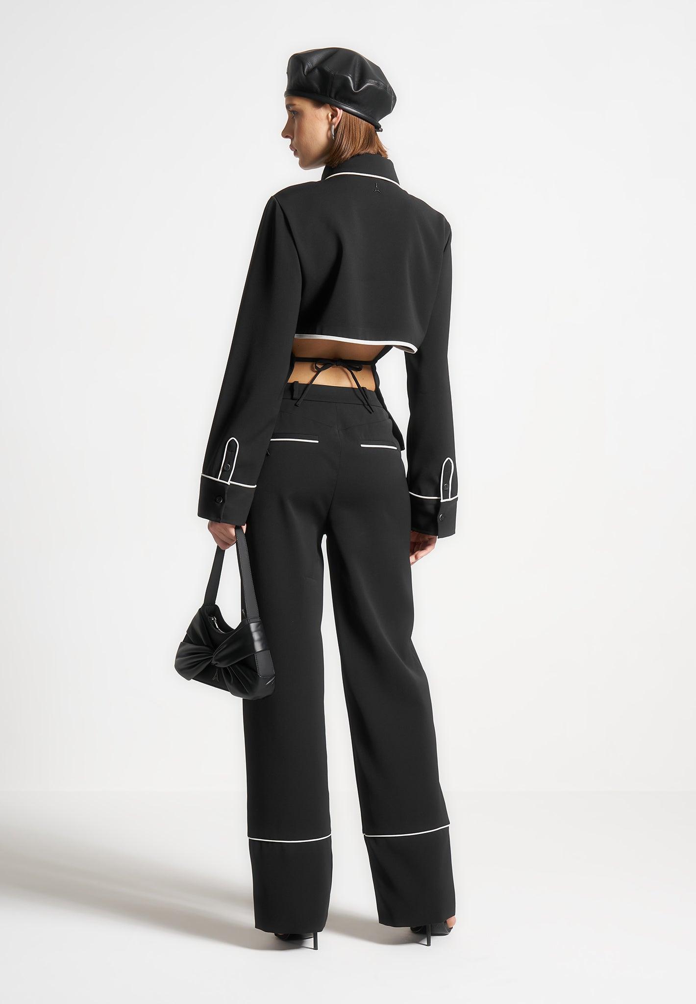 Contrast Piped Backless Tie Shirt - Black/White Female Product Image