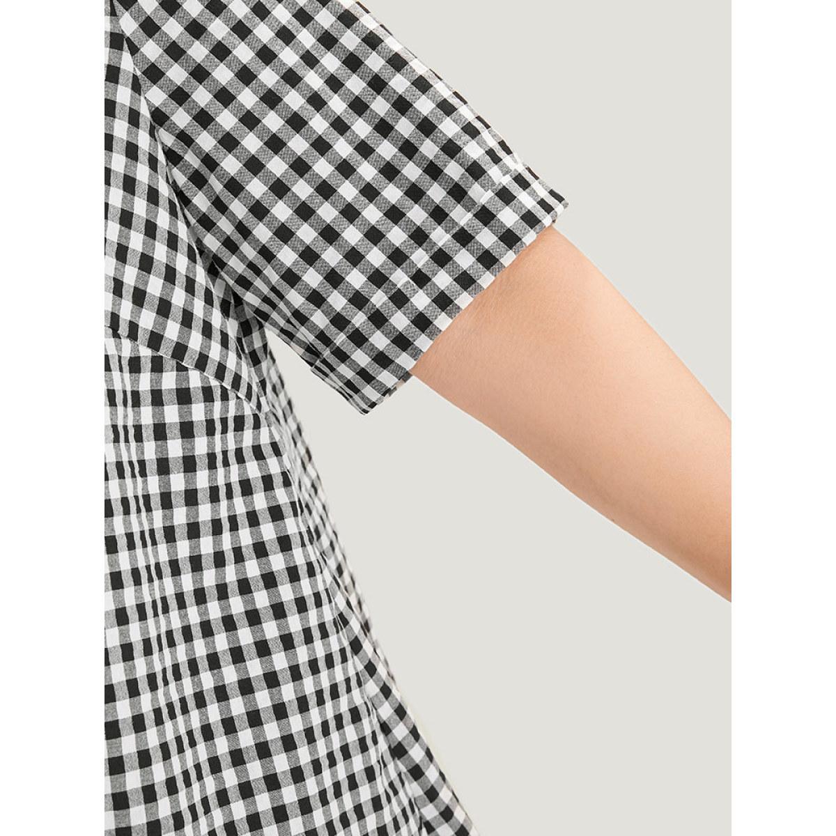 Plus Size Black Gingham V Neck Button Through Blouse Women Office Short sleeve V-neck Work Blouses BloomChic 22-24/3X Product Image