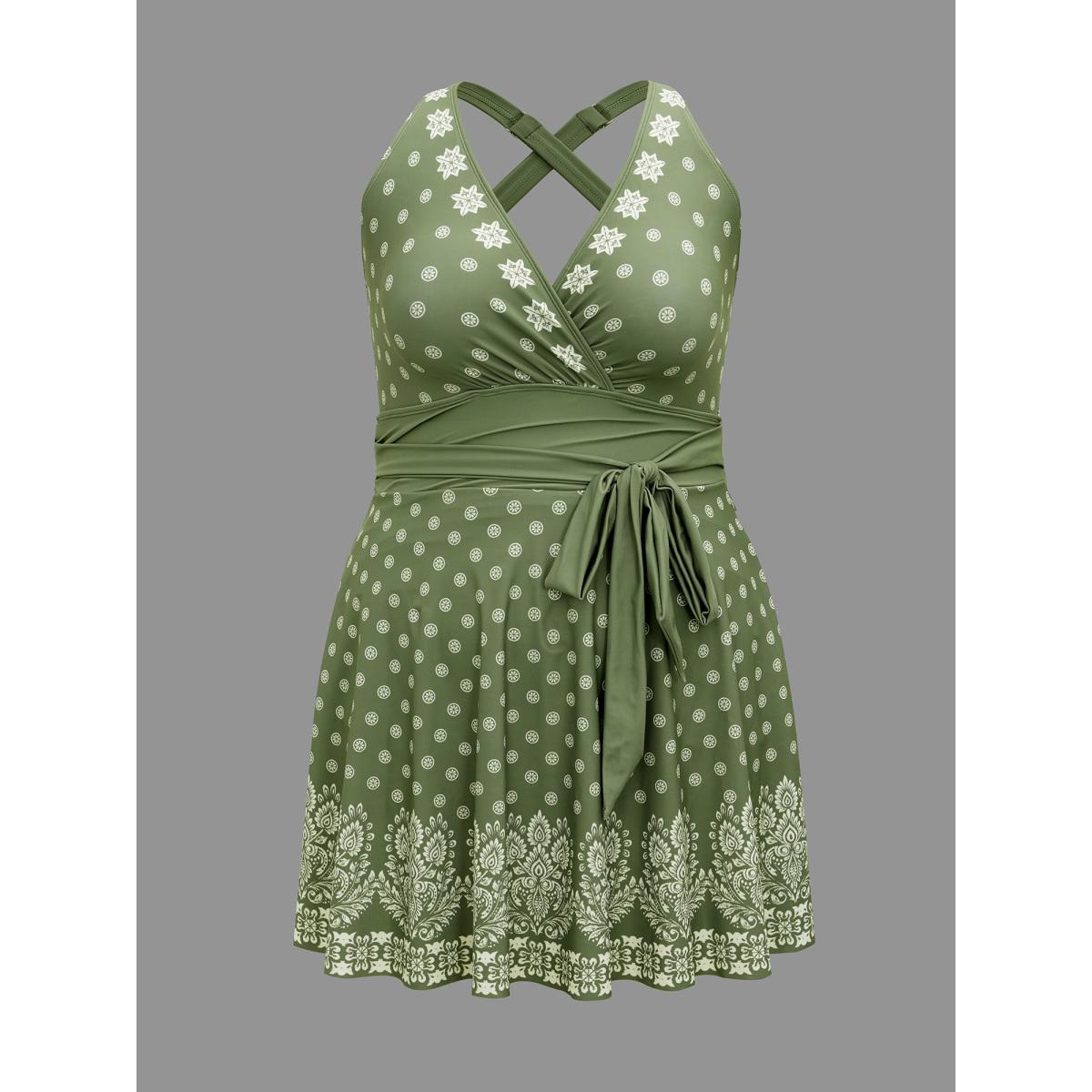 Plus Size Boho Print Waist-Tie Surplice Neck Swim Dress Women's Swimwear Greenbean Resort Bodycon Overlap Collar High stretch Curve Swim Dresses BloomChic 10/M Product Image