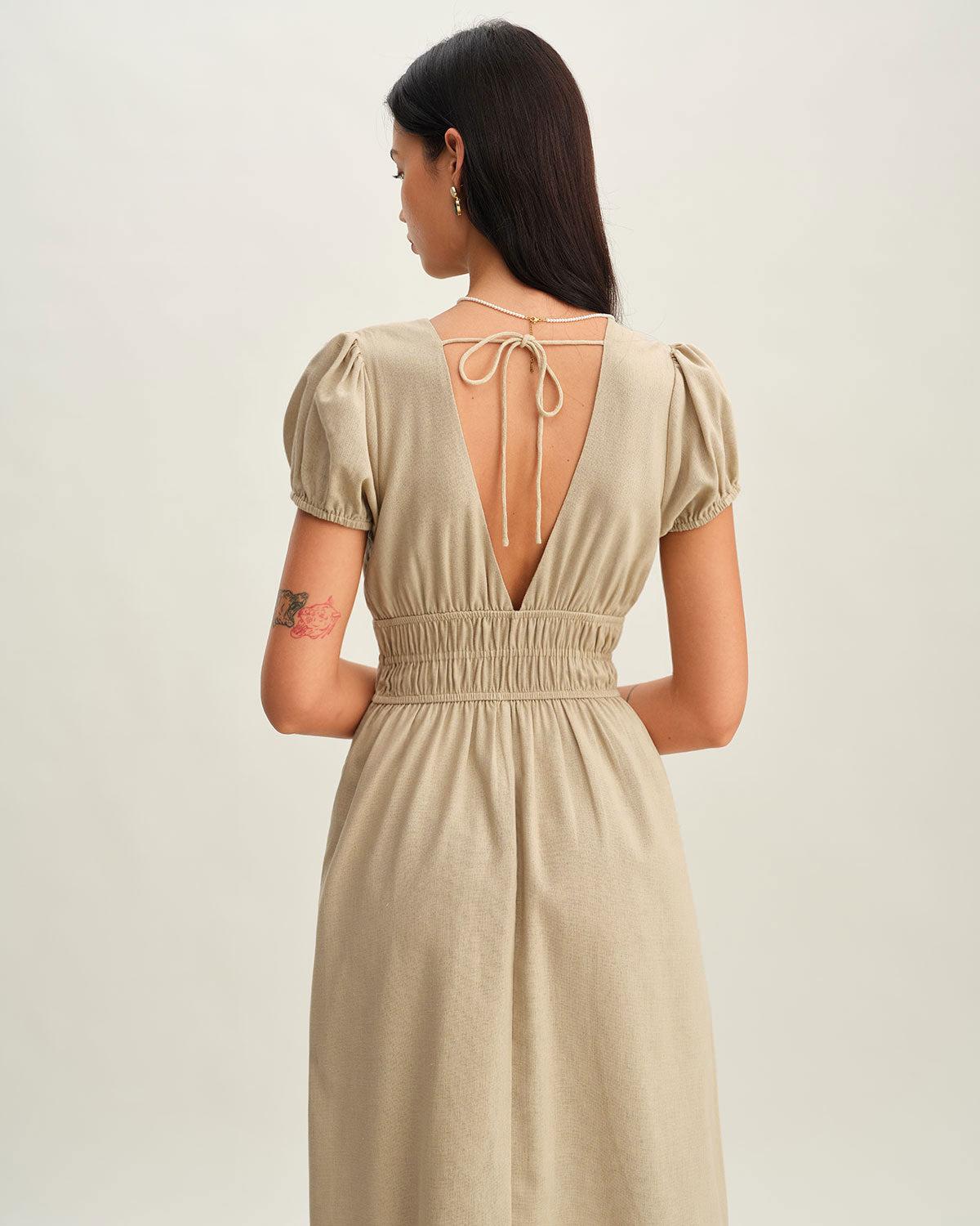 Beige Ruched Puffed Sleeve Midi Dress Product Image