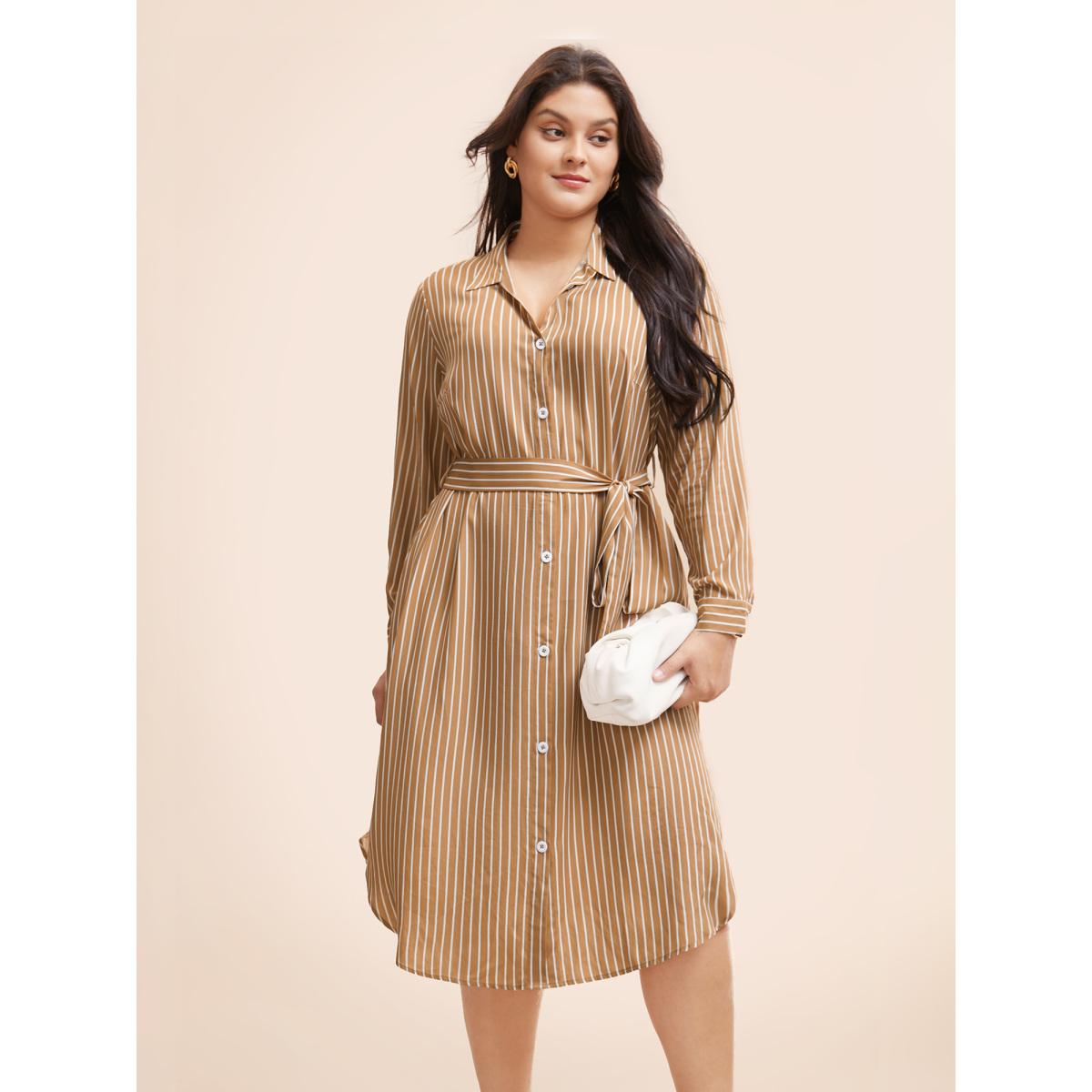 Plus Size Striped Shirt Collar Curved Hem Midi Dress LightBrown Women Workwear Essentials Belted Shirt collar Long Sleeve Curvy BloomChic 28/5X Product Image