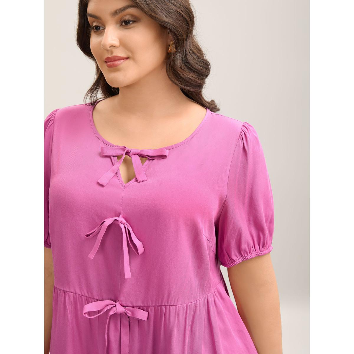 Plus Size Peach Bow Detail Plain Babydoll Puff Sleeve Shirt Women Short sleeve Round Neck Everyday-Elegant Blouses BloomChic 18-20/2X Product Image