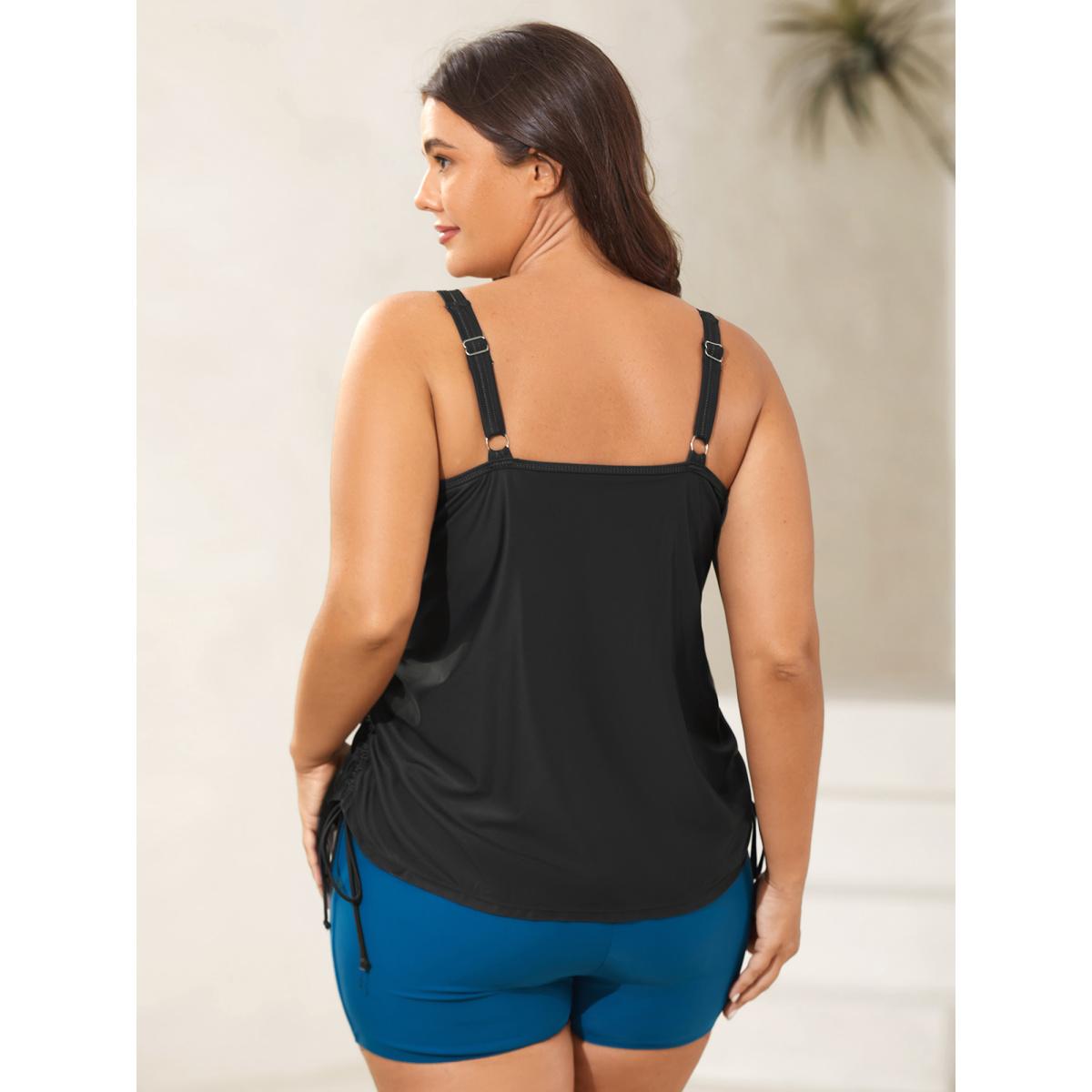 Plus Size Sun Salt Sand Print Swim Top Women's Swimwear Black Resort Drawstring High stretch Bodycon U-neck Curve Swim Tops BloomChic 14-16/1X Product Image