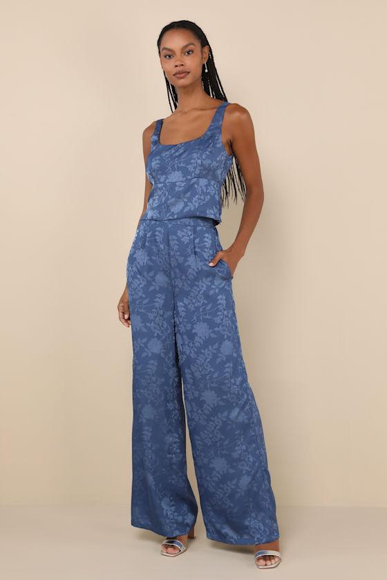 Significant Elegance Dark Blue Floral Jacquard Crop Top Product Image