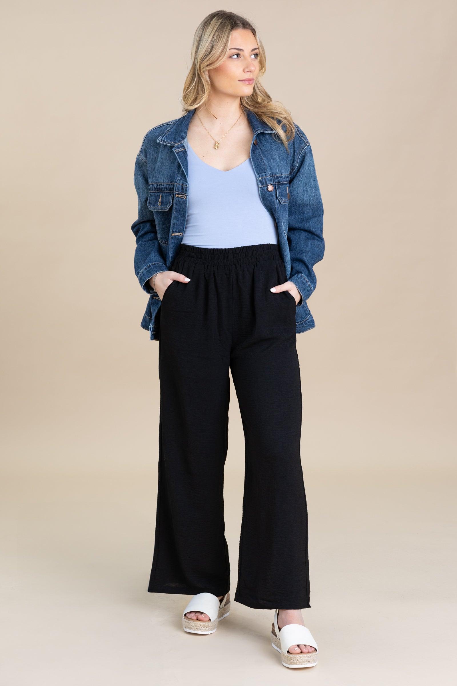 Elastic Waist Wide Leg Pants With Pockets Product Image