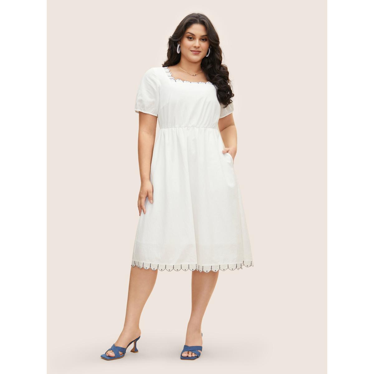 Plus Size Cotton Lace collar Lantern Sleeve Midi Dress Originalwhite Women Elegant Embroidered Lace collar Short sleeve Curvy BloomChic 14-16/1X Product Image