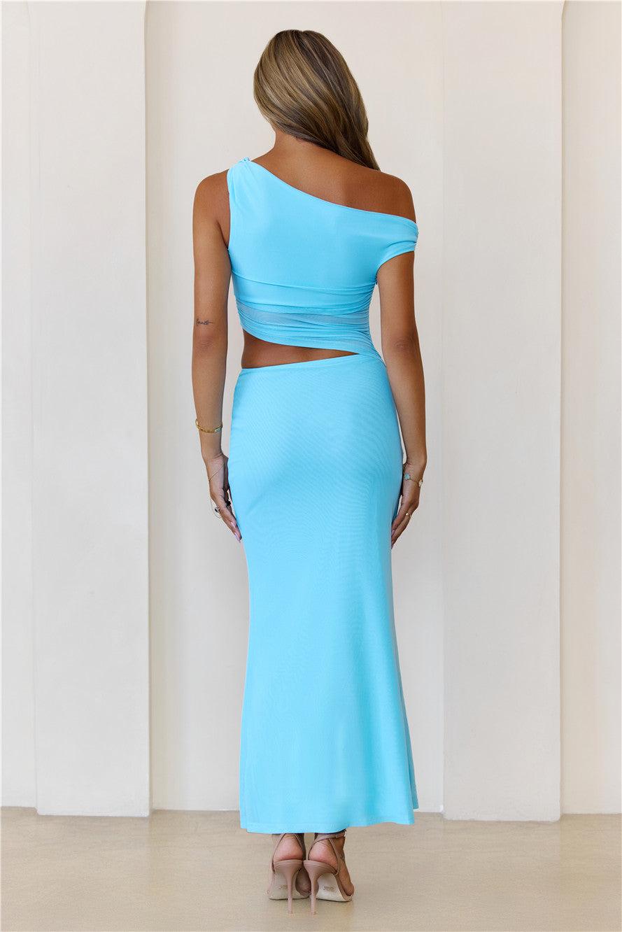 Shimmering Edge Off Shoulder Mesh Maxi Dress Blue Product Image