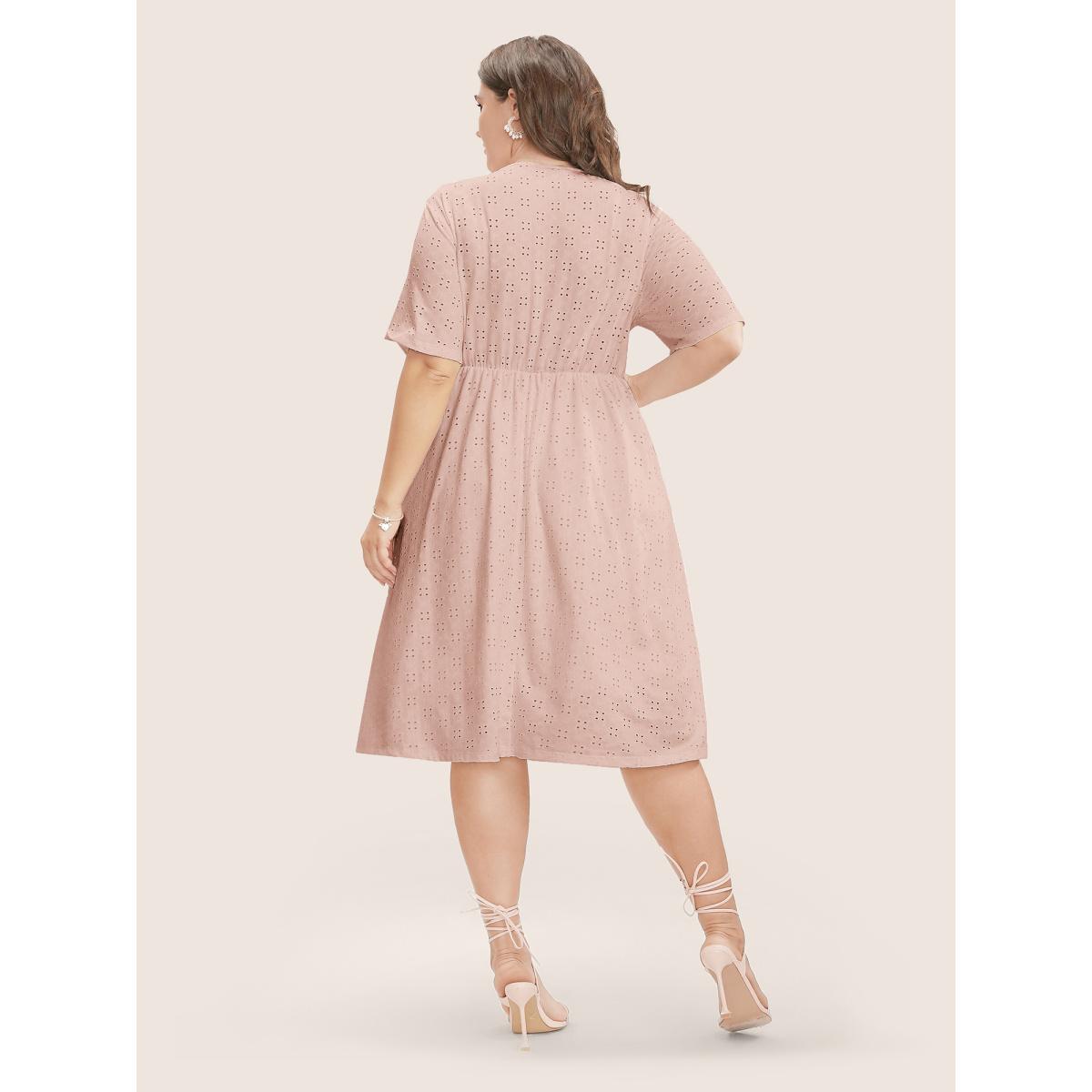 Plus Size Solid Pocket Laser Cut Surplice Neck Knee Dress DustyPink Women Elegant Pocket V-neck Short sleeve Curvy Knee Dress BloomChic 12/L Product Image