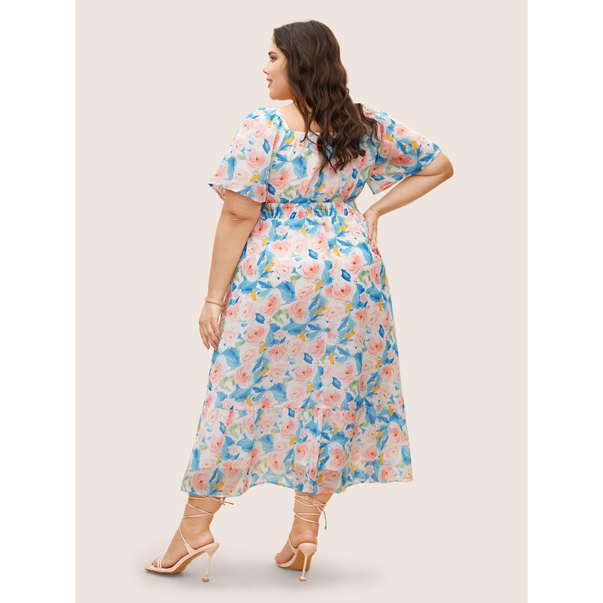 Plus Size Watercolor Floral Shirred Puff Sleeve Midi Dress Skyblue Women Elegant Shirred Heart neckline Short sleeve Curvy BloomChic 10/M Product Image