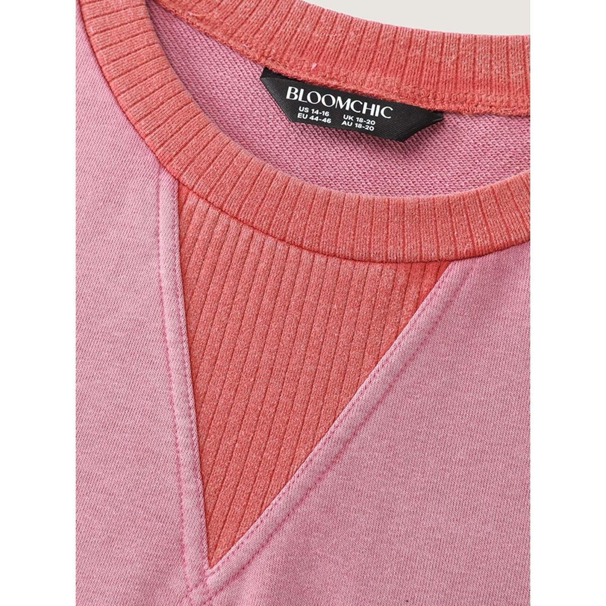 Plus Size Pure Cotton Washed Distressed Pocket Sweatshirt Women Beanpastepowder Leisure Contrast Round Neck Casual Sweatshirts BloomChic 14-16/1X Product Image