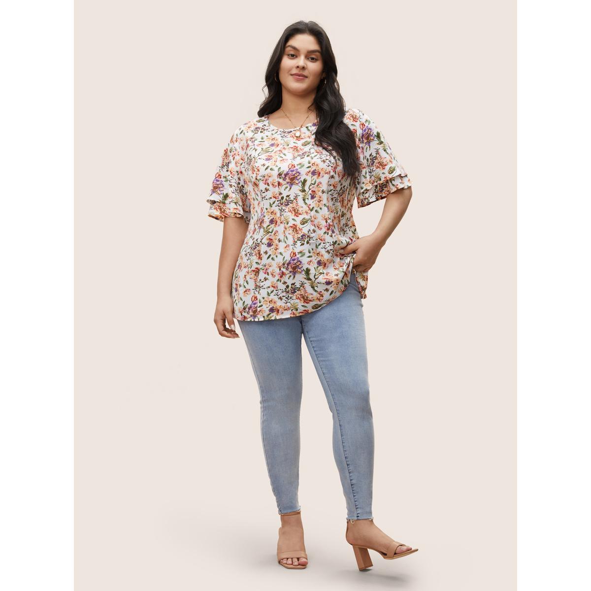 Plus Size Ivory Floral Print Tiered Flutter Sleeve Blouse Women Elegant Half Sleeve Round Neck Everyday Blouses BloomChic 22-24/3X Product Image