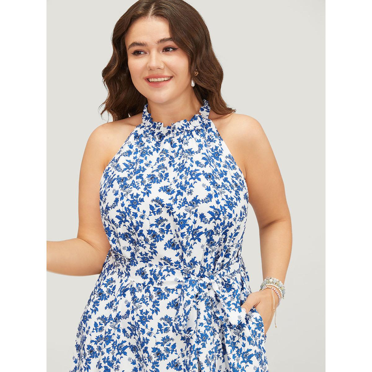 Plus Size Bandana Print Halter Ruffle Hem Pocket Belt Paisley Dress Indigo Women Vacation Belted Halter neck Sleeveless Curvy Knee Dress BloomChic 28/5X Product Image