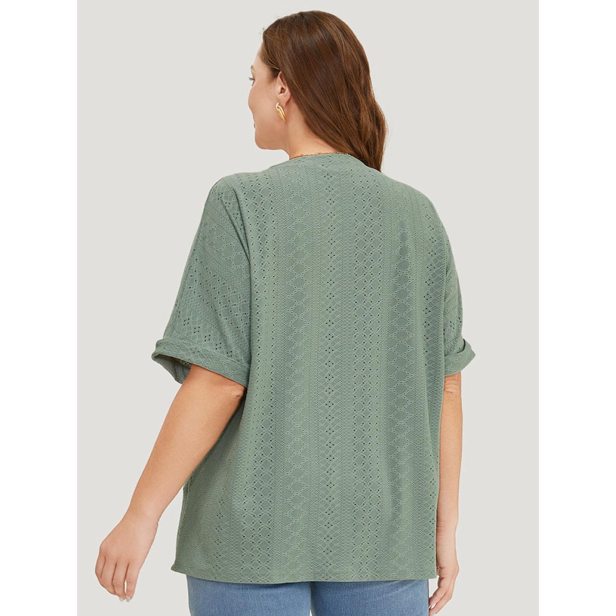 Plus Size Plain Roll Sleeve Broderie Anglaise T-shirt Sage Women Casual Broderie anglaise Plain V-neck Dailywear T-shirts BloomChic 10/M Product Image