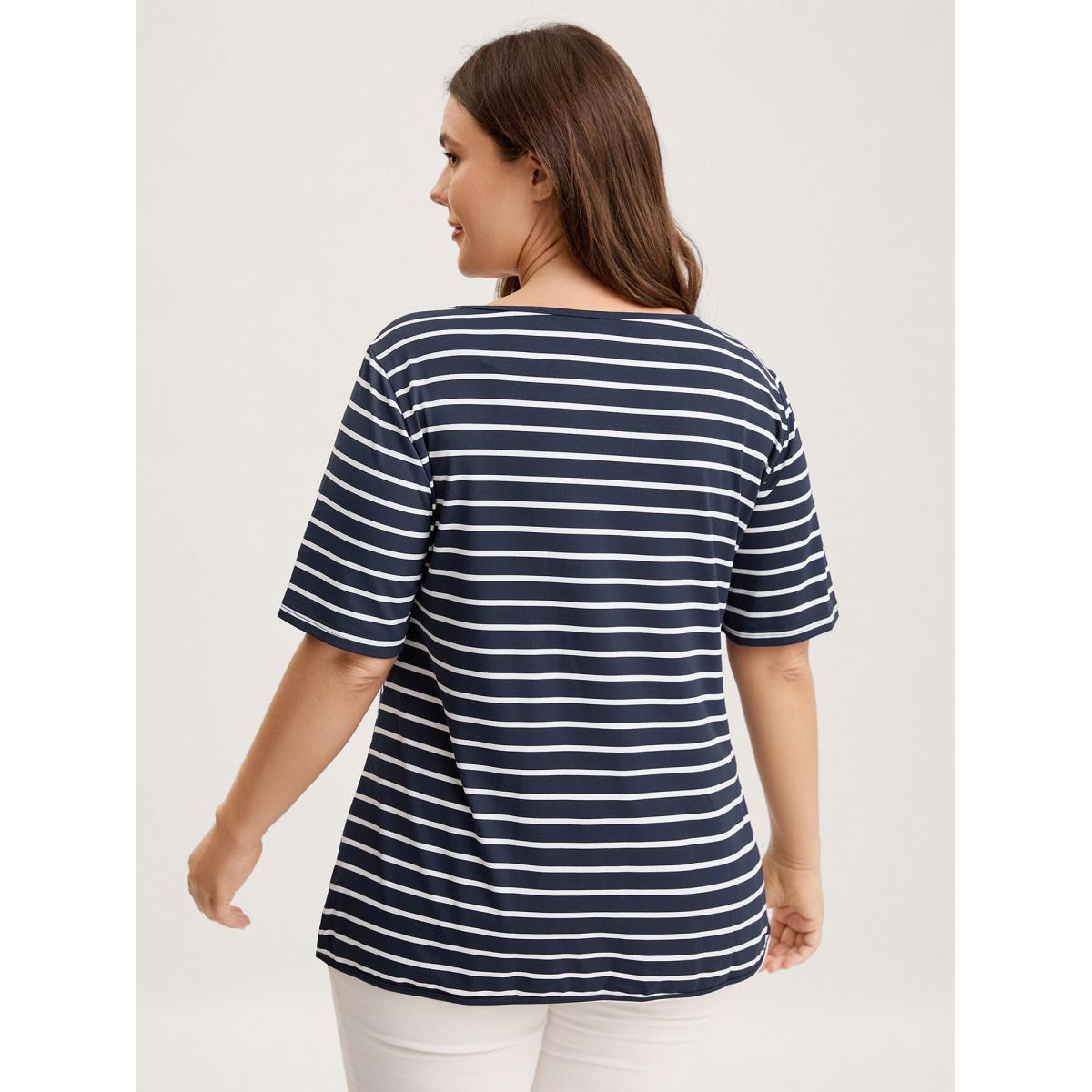 Plus Size Striped Relaxed Fit Round Neck T-Shirt Indigo Women Pleated Round Neck Everyday-Casual T-shirts BloomChic 14-16/1X Product Image