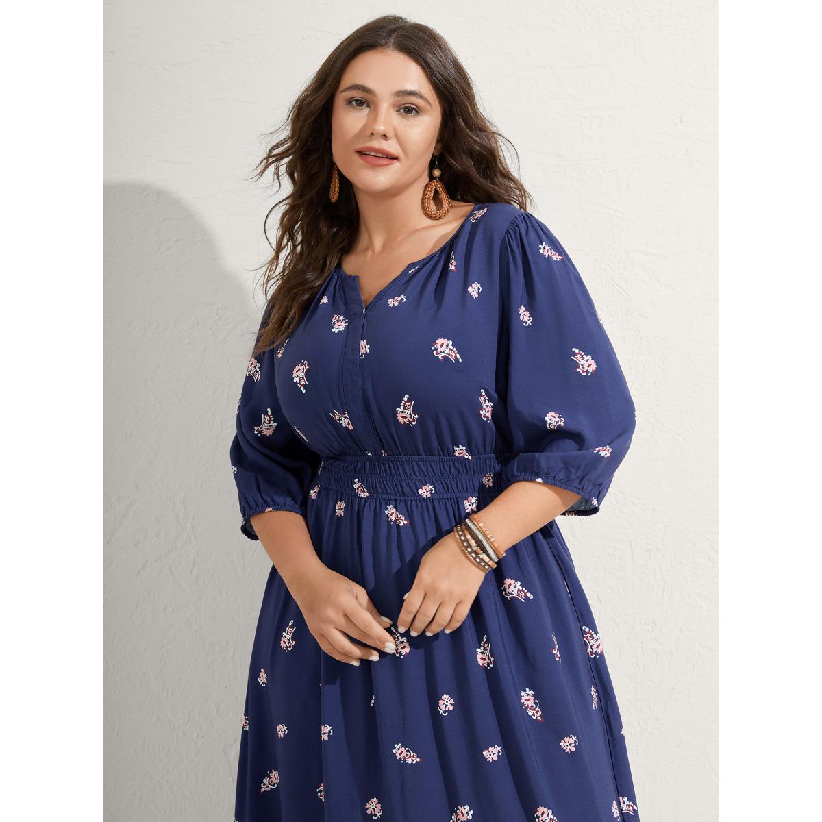 Plus Size Paisley Print Shirred Waist Midi Dress DarkBlue Women Boho Flat collar with V-notch Elbow-length sleeve Curvy BloomChic 18-20/2X Product Image