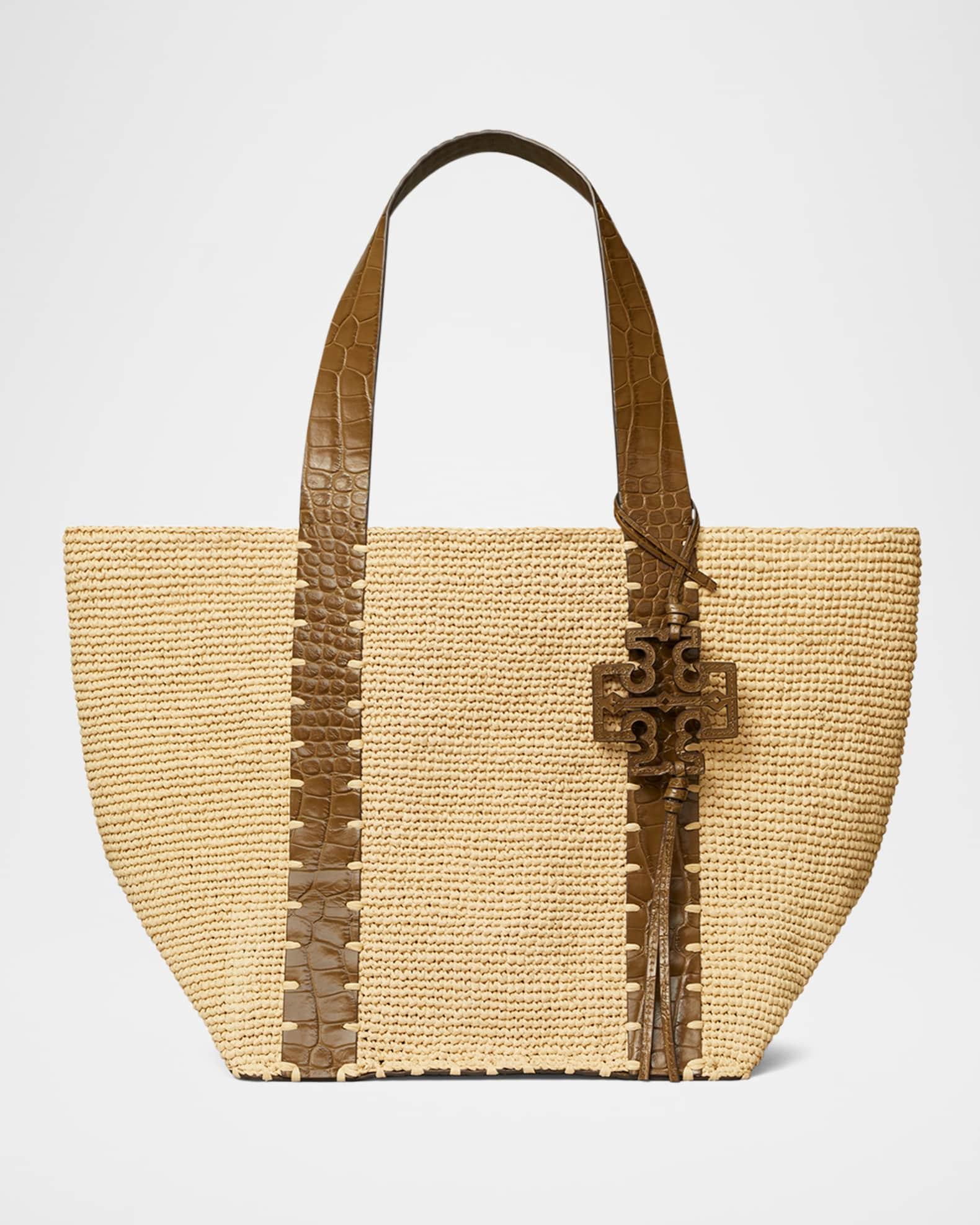 Embossed Leather & Raffia Tote Bag Product Image