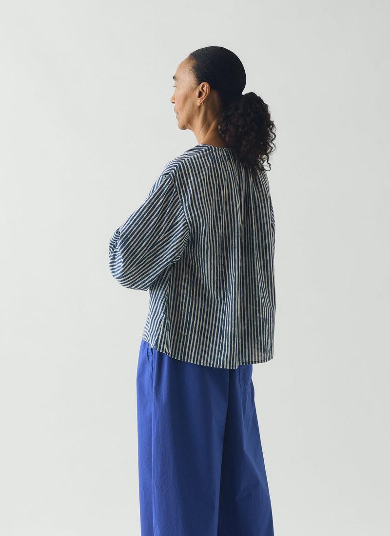 Natural Dye Stripe Cotton Gathered Top | Indigo Product Image