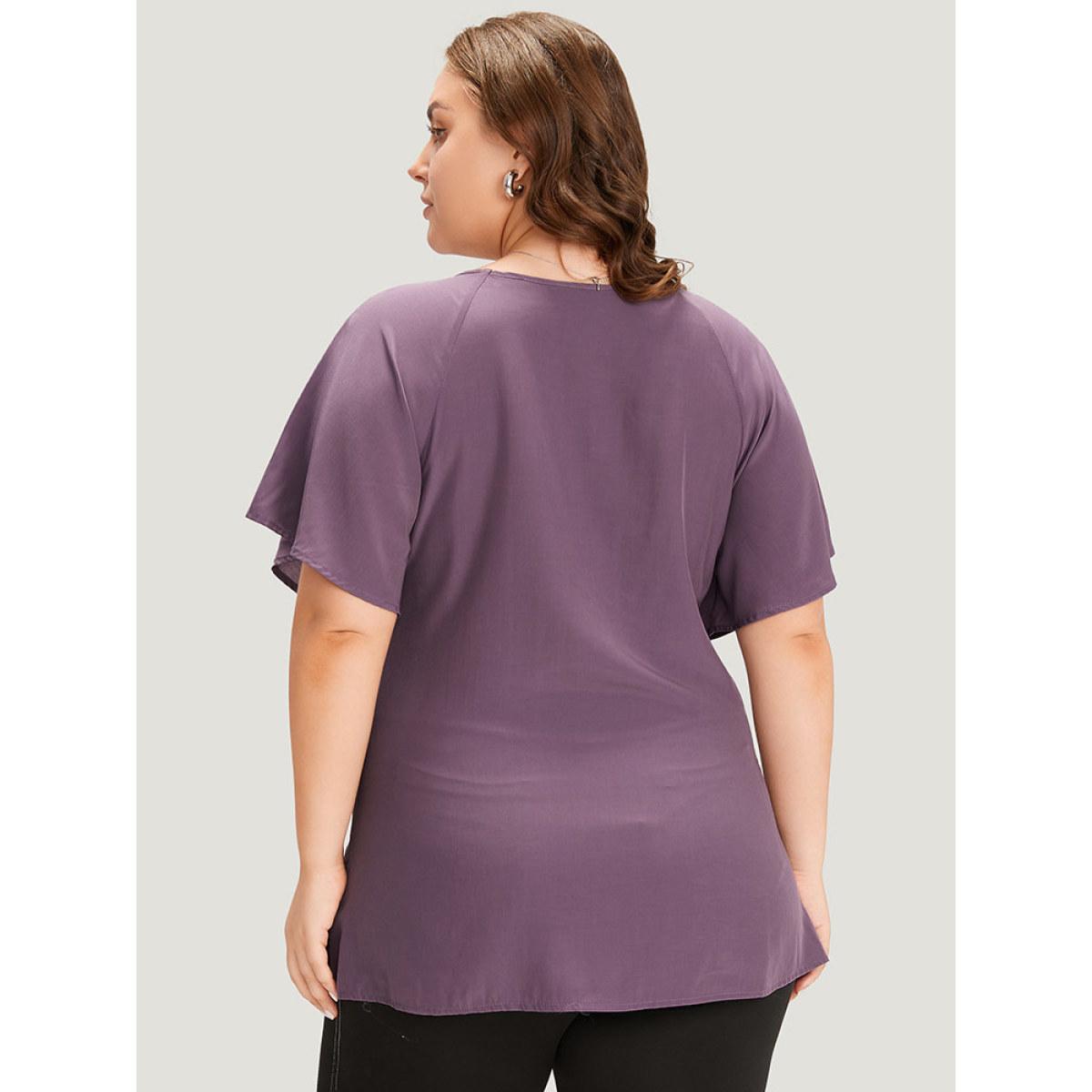 Plus Size Mauve Supersoft Essentials Plain Keyhole Twist Front Ruffle Blouse Women Elegant Short sleeve Round Neck Dailywear Blouses BloomChic 26/4X Product Image