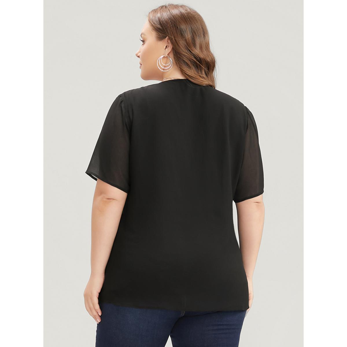 Plus Size Black Plain V Neck Mesh Ruffle Tiered Blouse Women Casual Short sleeve V-neck Dailywear Blouses BloomChic 10/M Product Image