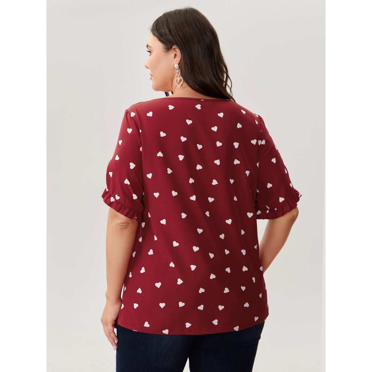 Plus Size Scarlet Ruffled Overlap Sleeve Heart Pattern Blouse Women Retro Short sleeve Round Neck Elegant Blouses BloomChic 26/4X Product Image