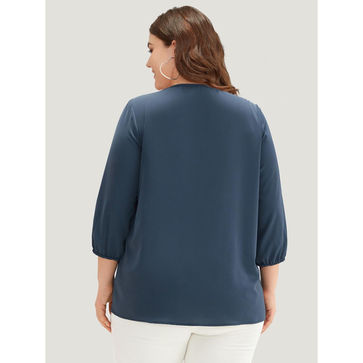 Plus Size Indigo Anti-Wrinkle Square Neck Lace Panel Gathered Blouse Women Office Elbow-length sleeve Square Neck Work Blouses BloomChic 10/M Product Image