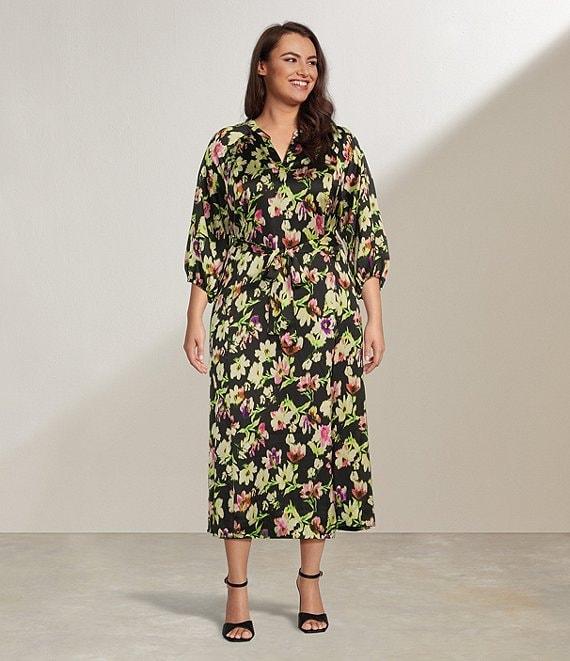 Vince Camuto Plus Size Woven Floral Print V-Neck 3/4 Sleeve Belted Maxi Dress Product Image