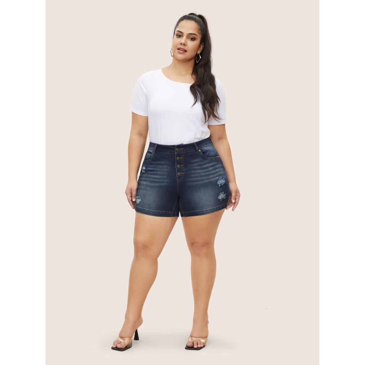Plus Size Dark Wash Button Up Distressed Denim Shorts Women Midnight Distressed High stretch Everyday Slanted pocket Casual Denim Shorts BloomChic 20/2X Product Image