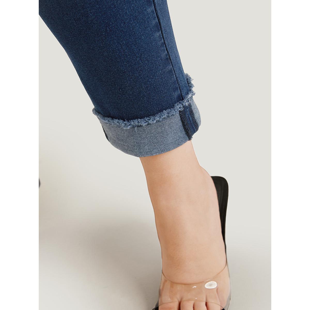 Plus Size Solid Frayed Roll Hem High Rise Jeans Women Blue Casual Plain Plain High stretch Pocket Jeans BloomChic 14/1X Product Image