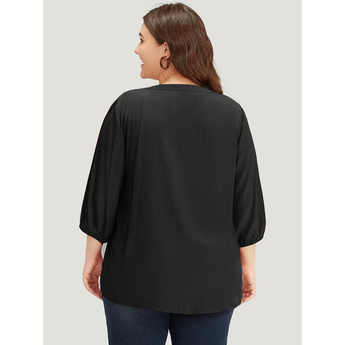 Plus Size Black Plain Notched Button Through Elastic Cuffs Shirred Blouse Women Office Elbow-length sleeve V-neck Office Blouses BloomChic 14-16/1X Product Image