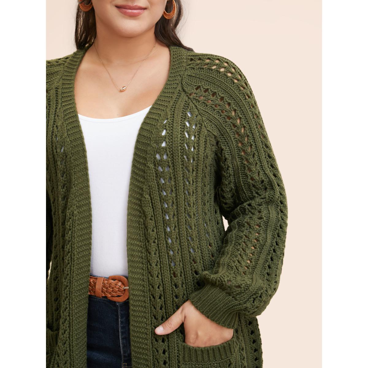 Plus Size Solid Cable Knit Raglan Sleeve Cardigan Olive Women Casual Loose Long Sleeve Everyday Cardigans BloomChic 12/L Product Image
