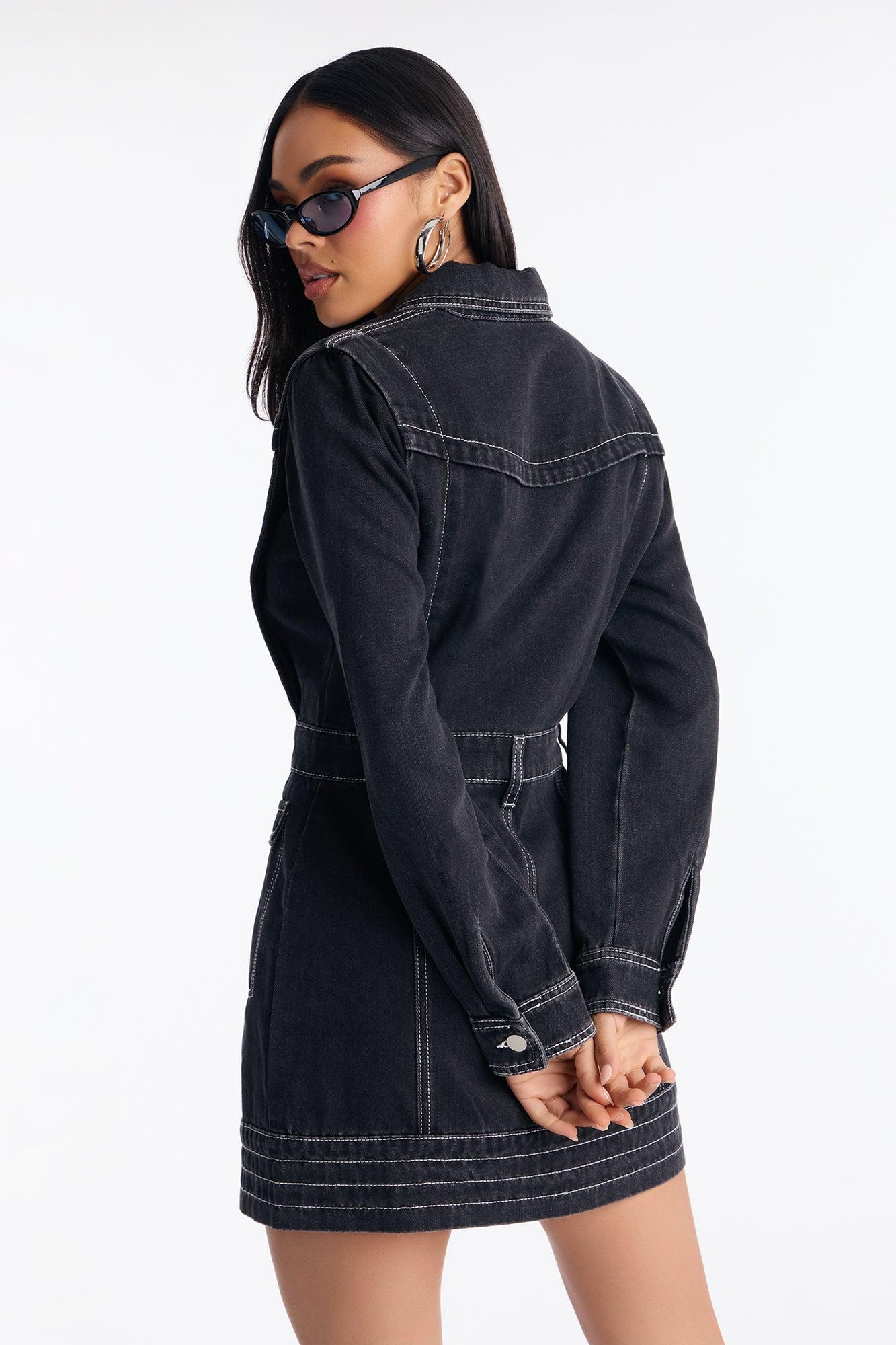 Round 'Em Up Long Sleeve Denim Mini Dress - Black Female Product Image