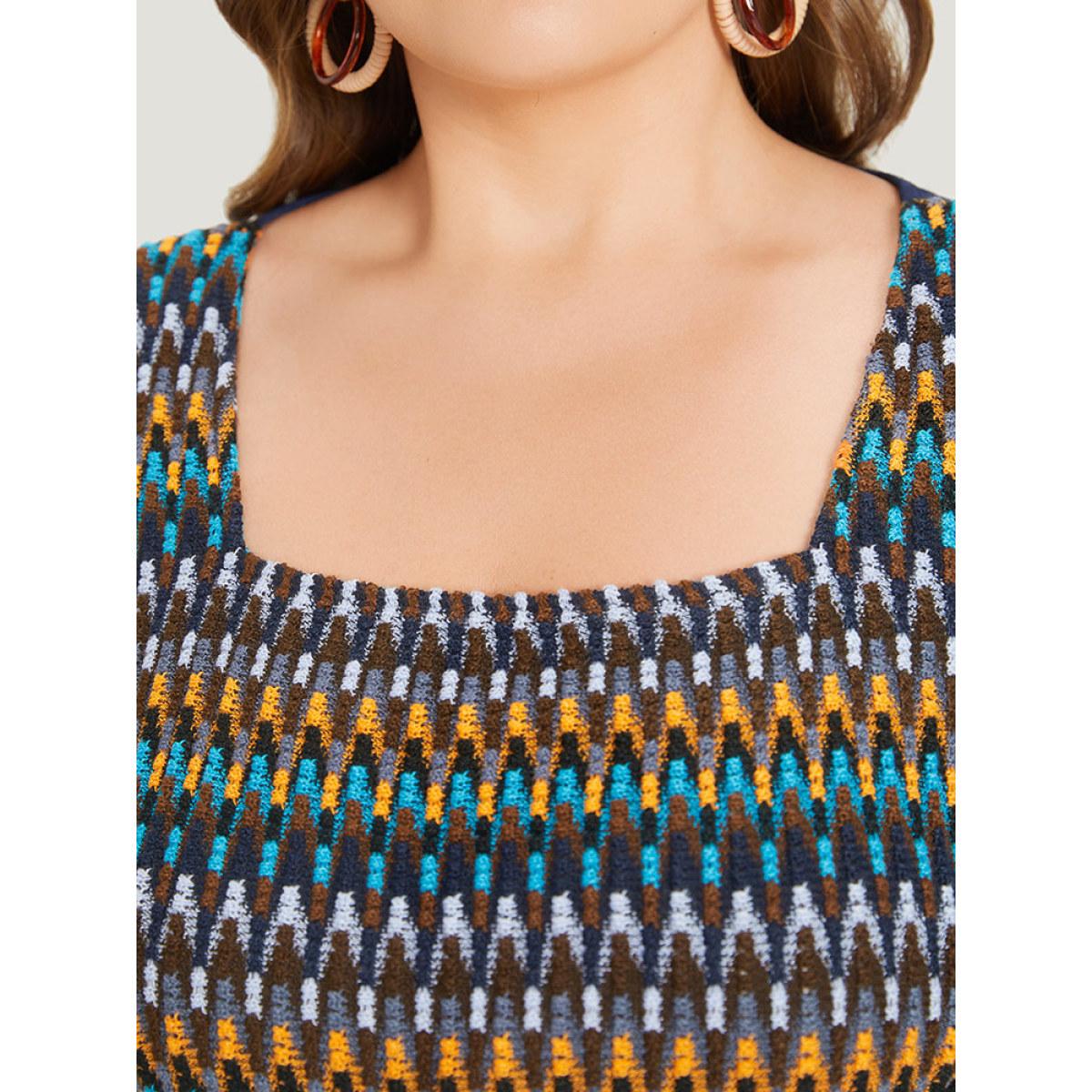 Plus Size Indigo Knit Patchwork Gathered Flutter Sleeve Blouse Women Elegant Short sleeve Square Neck Dailywear Blouses BloomChic 12/L Product Image