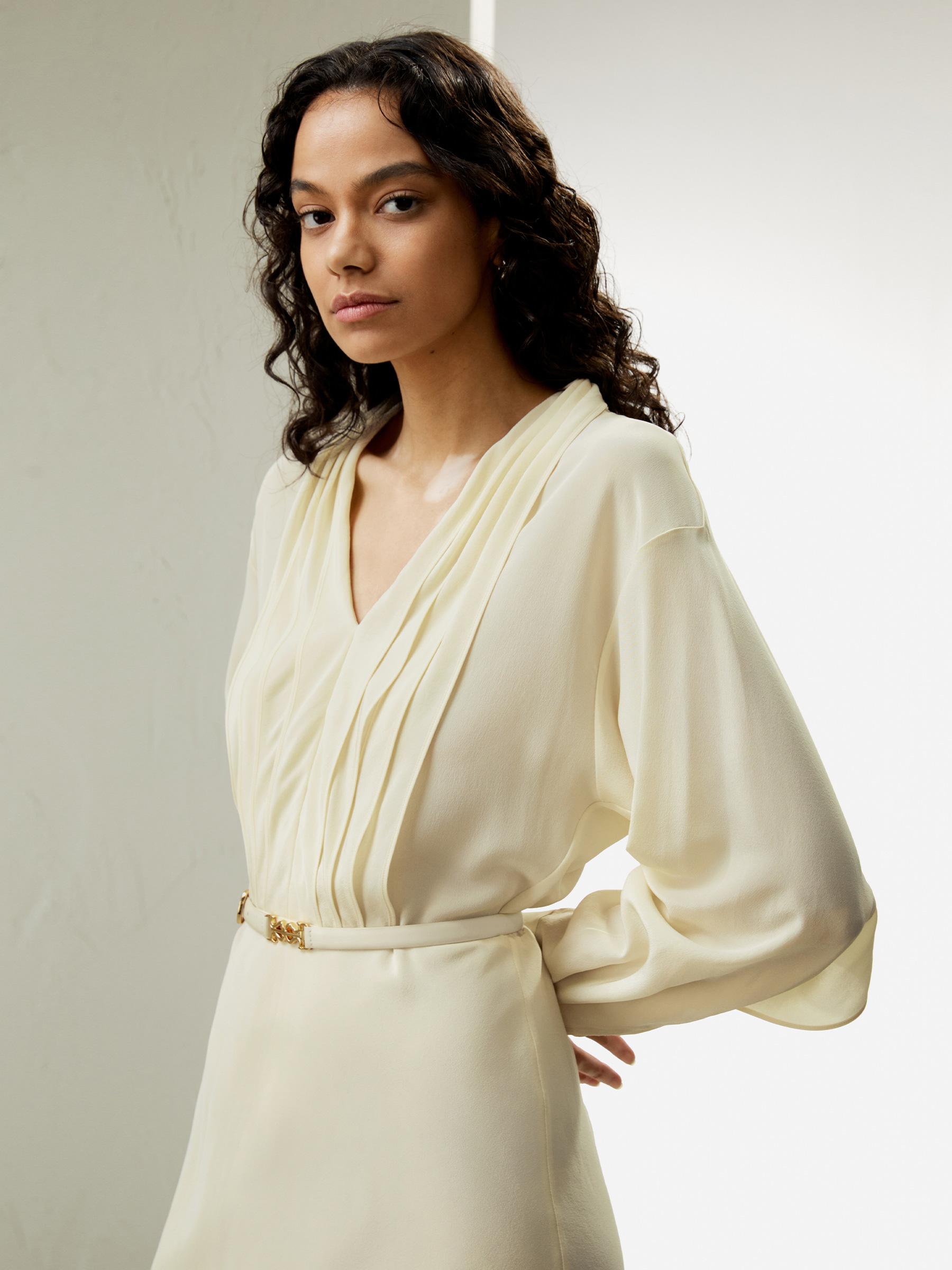 LILYSILK Women's Minimalist Silk Crepe de Chine V-Neck Midi Dress Lily White, Size 14 Product Image