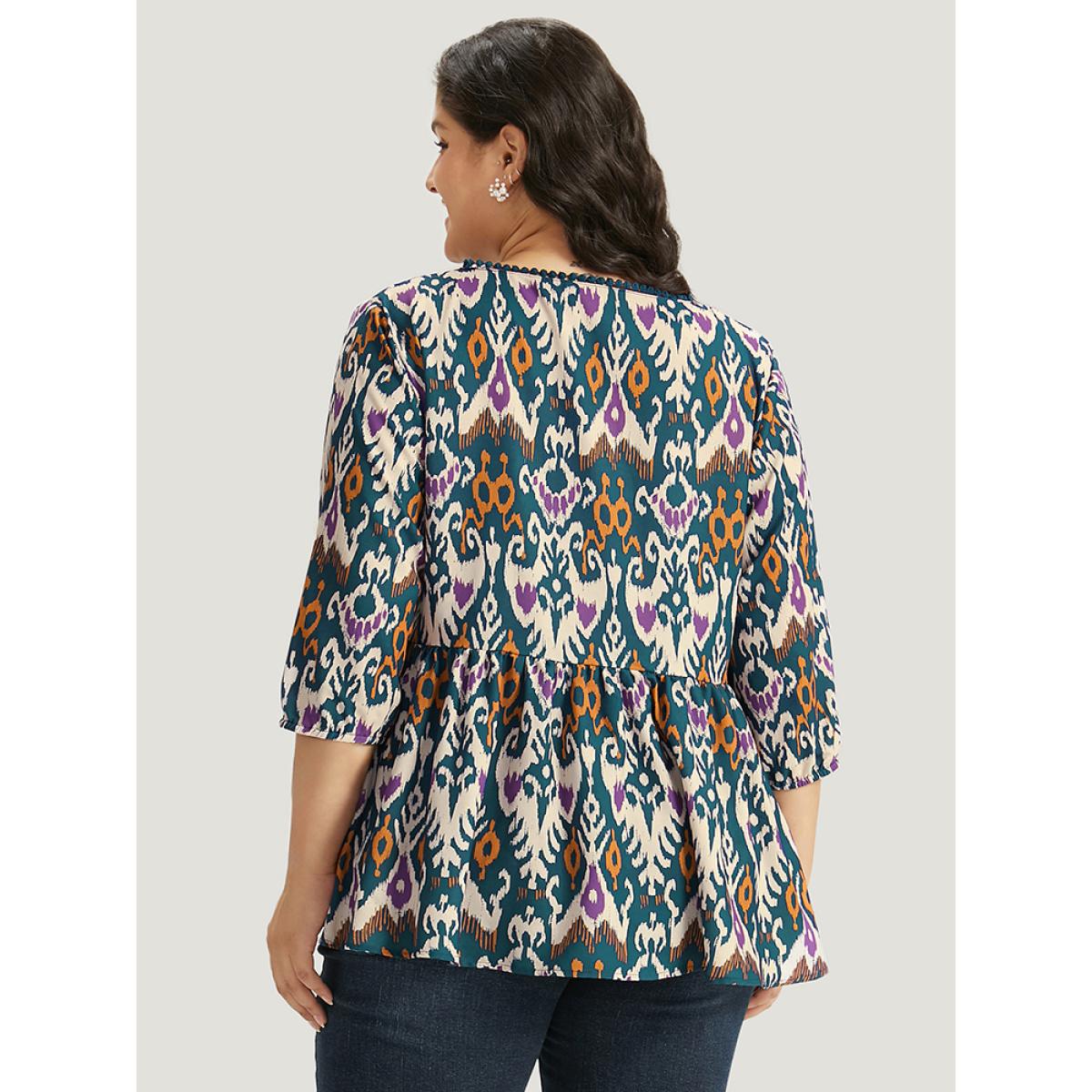 Plus Size Cyan Bandana Print Ties Pompom Trim Blouse Women Vacation Elbow-length sleeve V-neck Dailywear Blouses BloomChic 18-20/2X Product Image