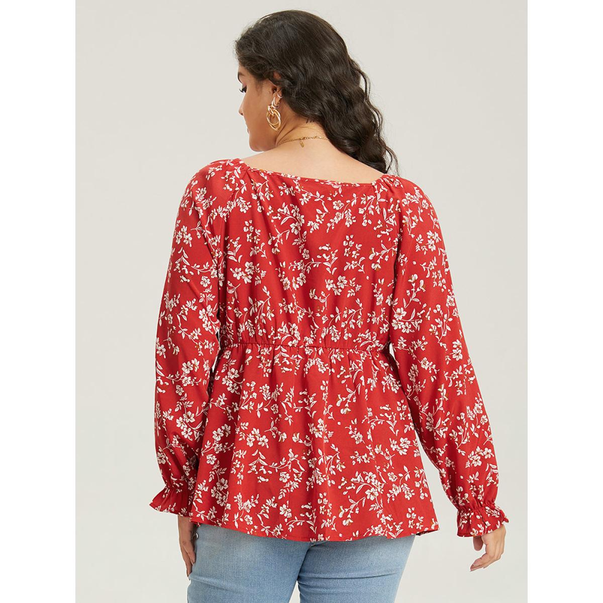 Plus Size Rust Floral Print Ruched Lantern Sleeve Blouse Women Elegant Long Sleeve V-neck Dailywear Blouses BloomChic 14-16/1X Product Image