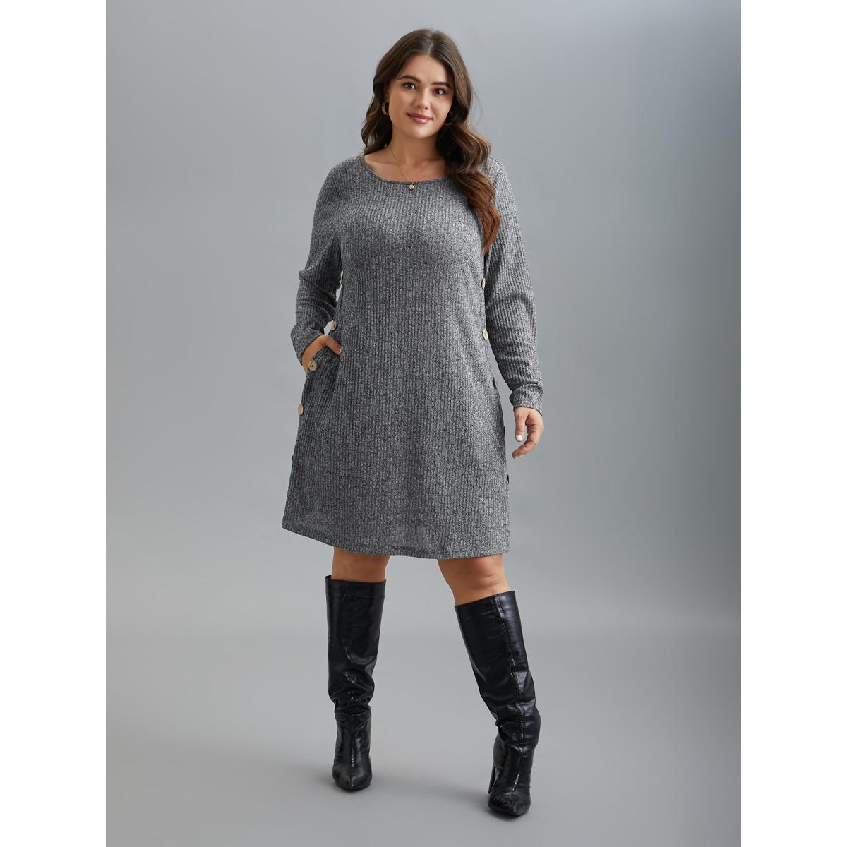 Plus Size Crew Neck HeatherRibbed Knit Dress DimGray Women Leisure Button Knit Dresses Bloomchic 28/5X Product Image