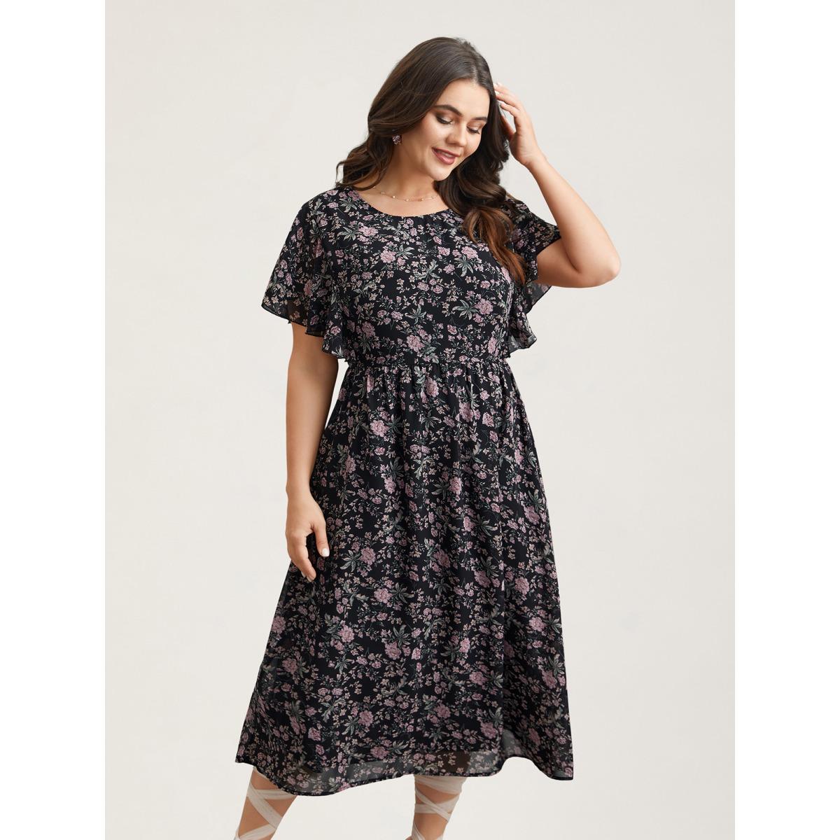 Plus Size Chiffon Floral Print Ruffled Midi Dress BlackFlower Women Romantic Ruffles Round Neck Short sleeve Curvy BloomChic 22-24/3X Product Image